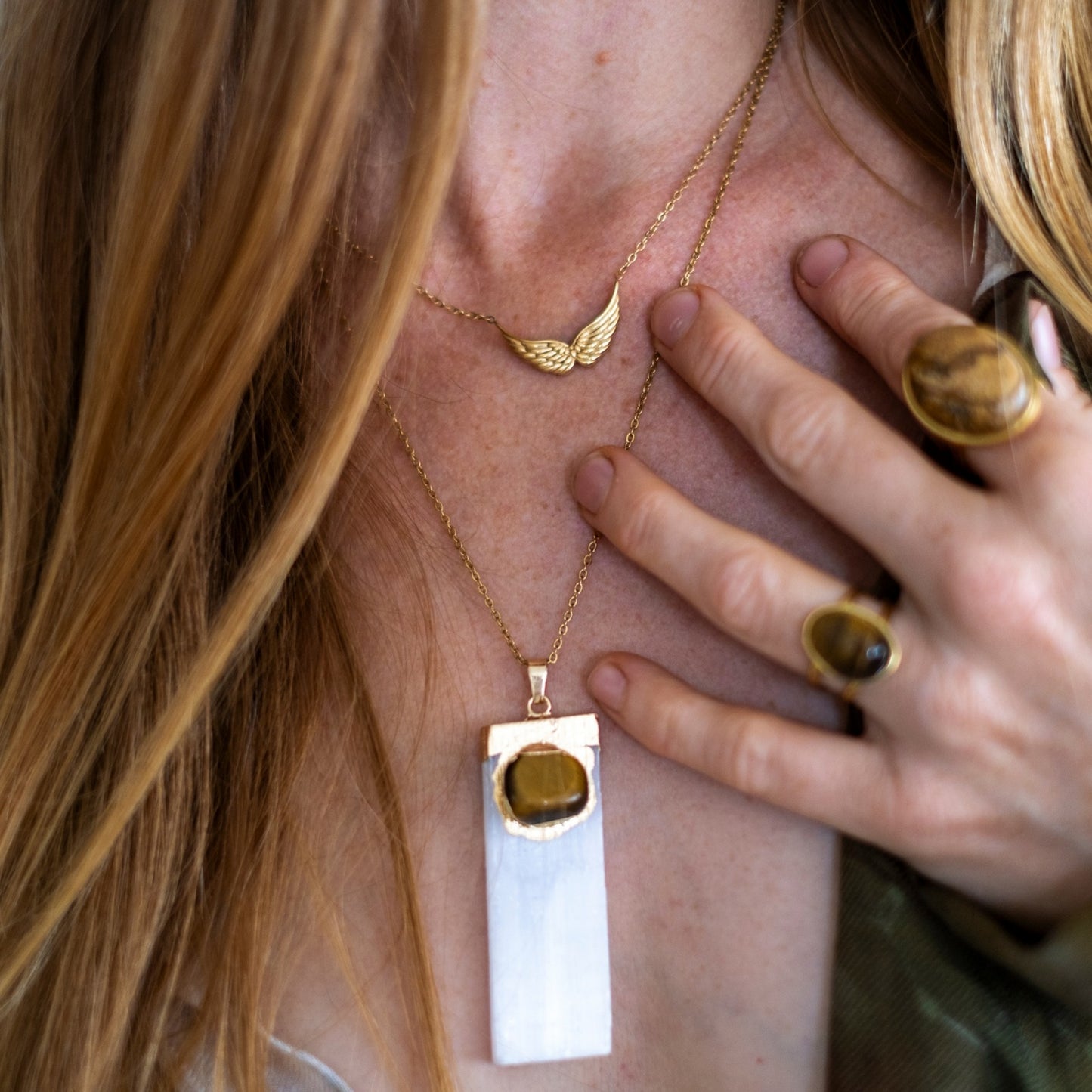 Selenite Tiger’s Eye Necklace | Gold Statement Crystal Necklace