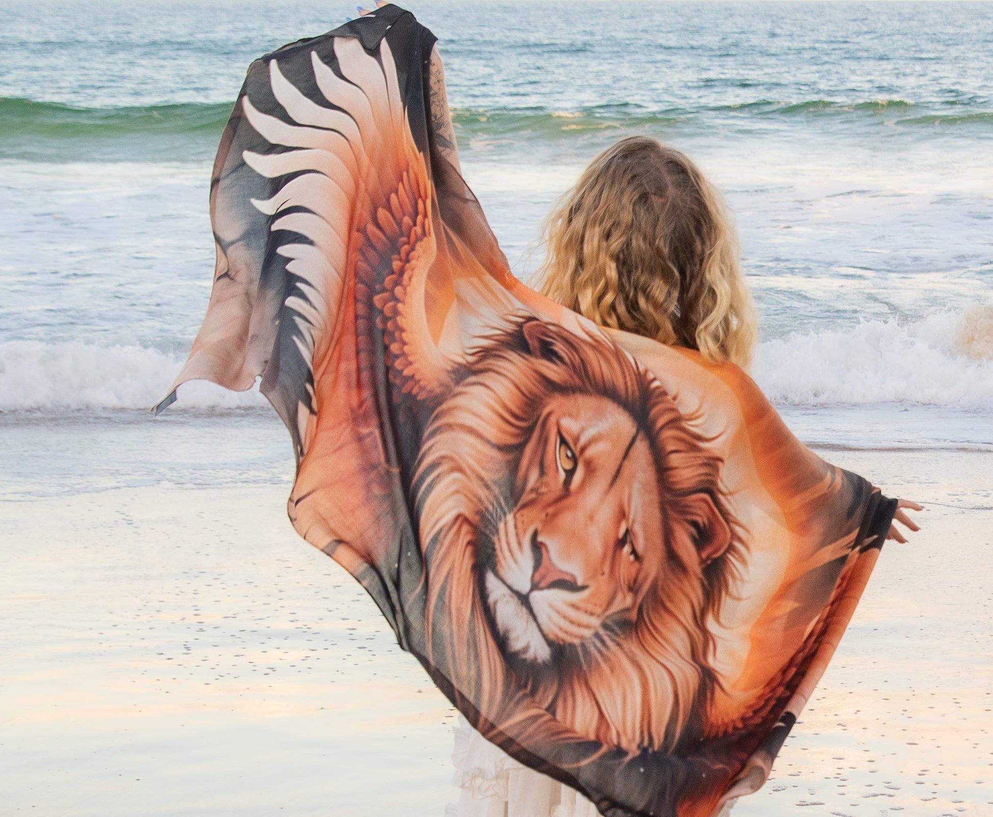 Focus Shawl lion spirit animal kaftan vegan silk shamanic festival shawl