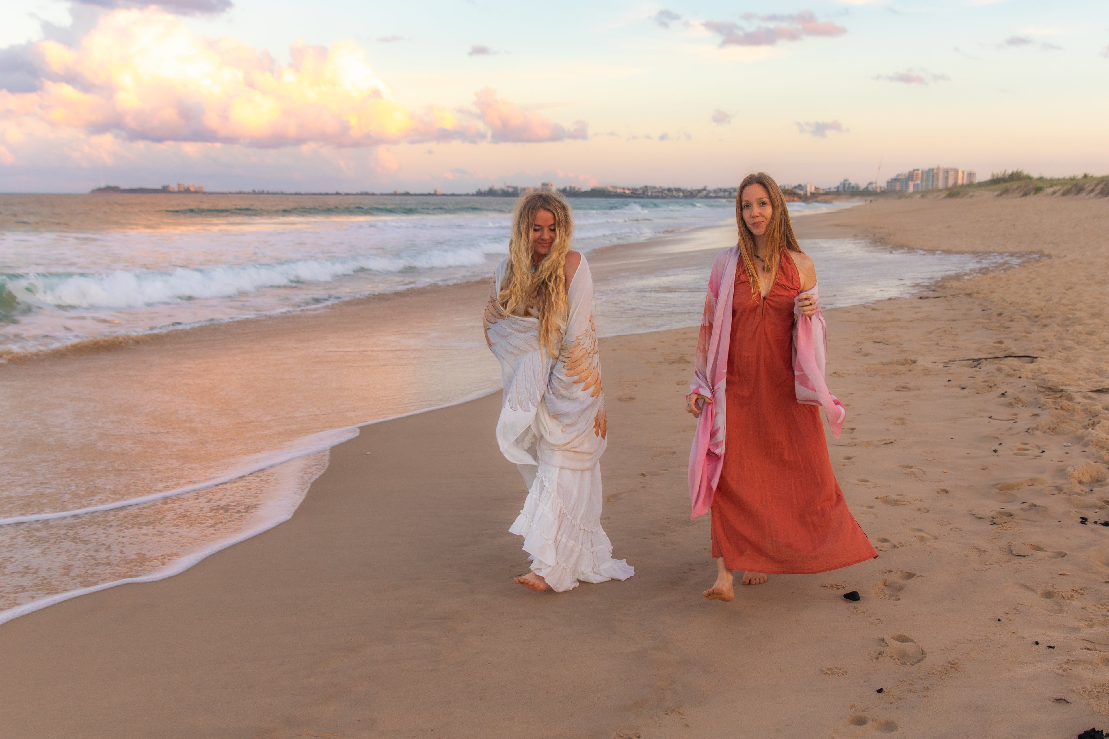 women on the beach, goddesses, aya sacred wear, warriors of the divine, original molecule shawls.