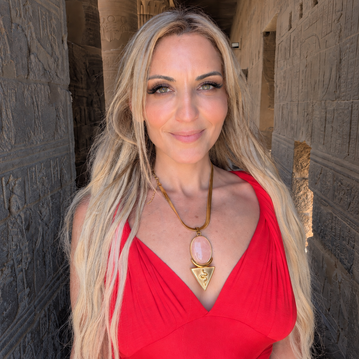 Woman in a red dress at an Egyptian temple wearing the gold rose quartz priestess necklace