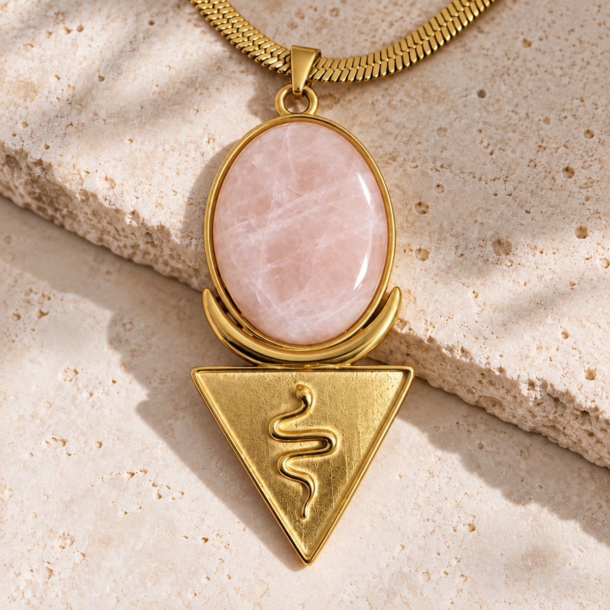 Rose quartz snake crescent priestess necklace, gold serpent triangle pendant on a thick gold chain