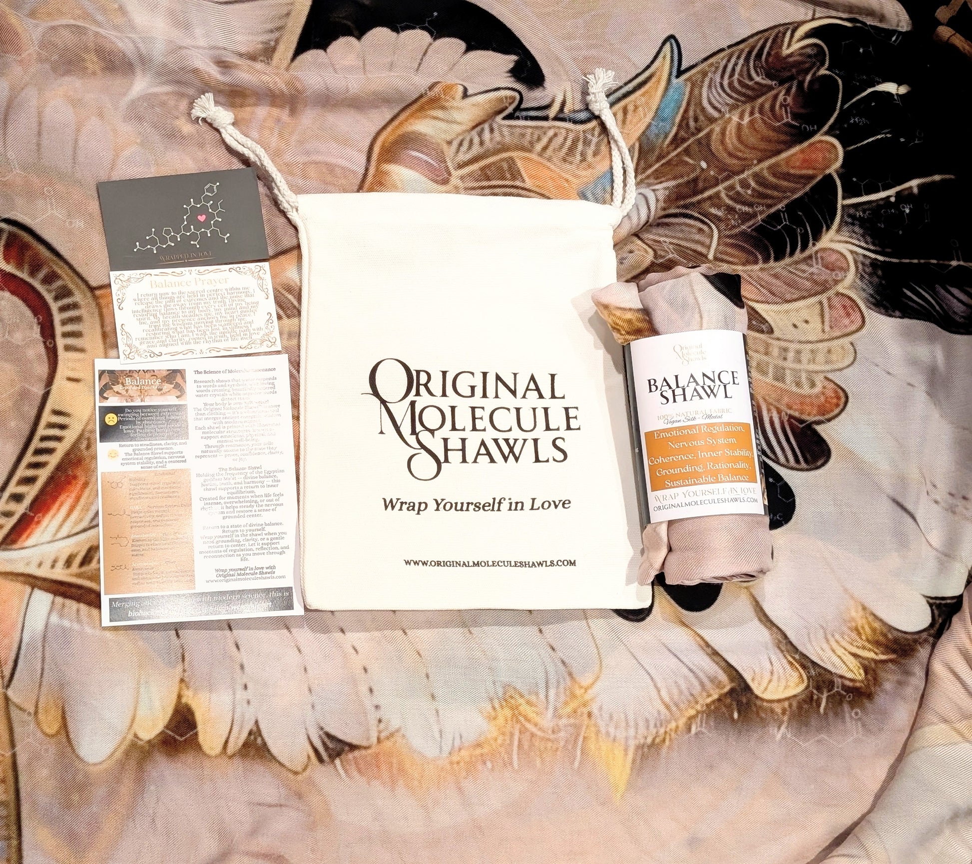 Balance Shawl with Egyptian winged goddess artwork, worn as a wrap dress for sacred feminine style