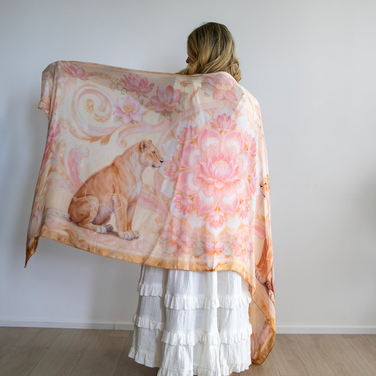 Powerful expression healing shawl with lioness and pink lotus design for throat chakra support