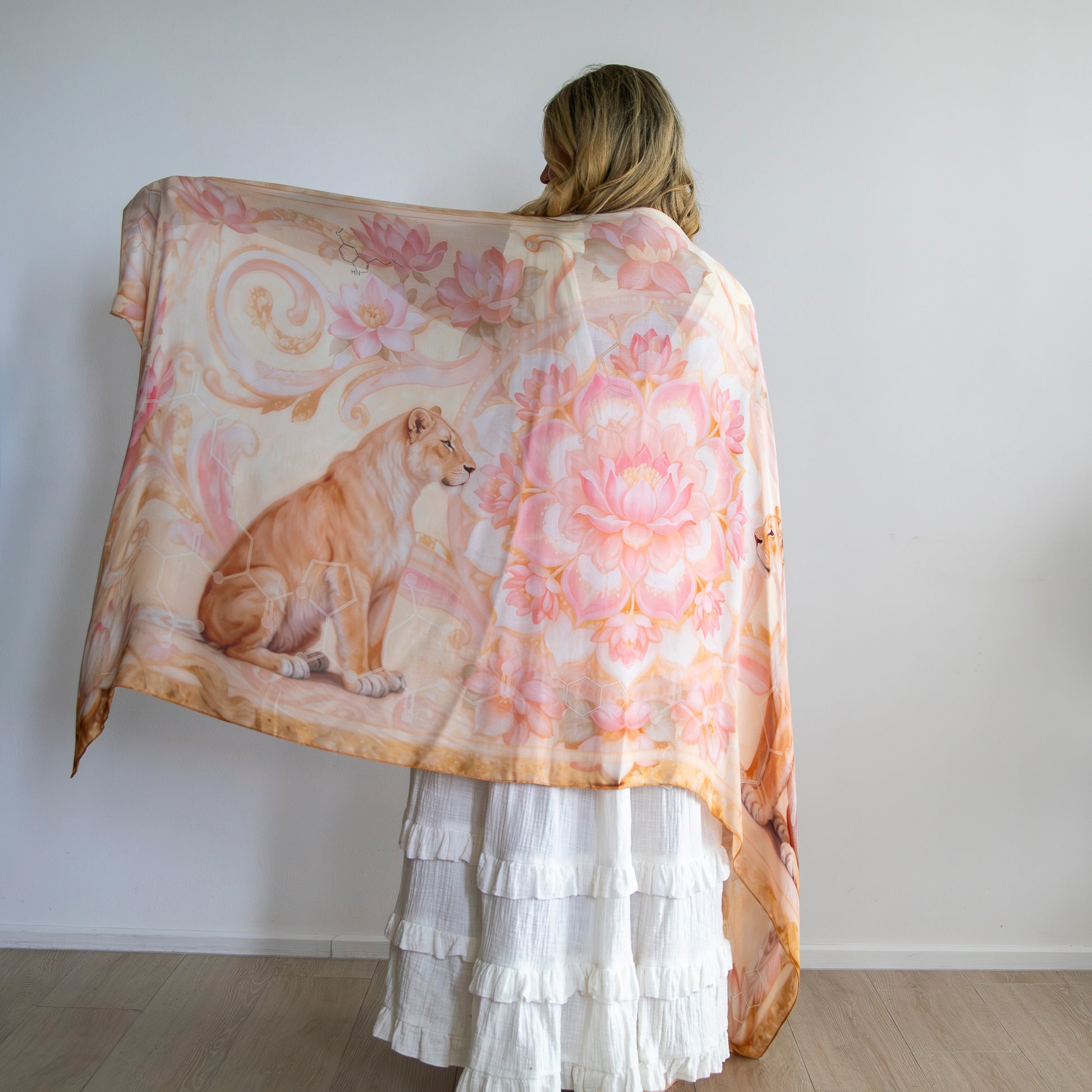 Powerful expression healing shawl with lioness and pink lotus design for throat chakra support
