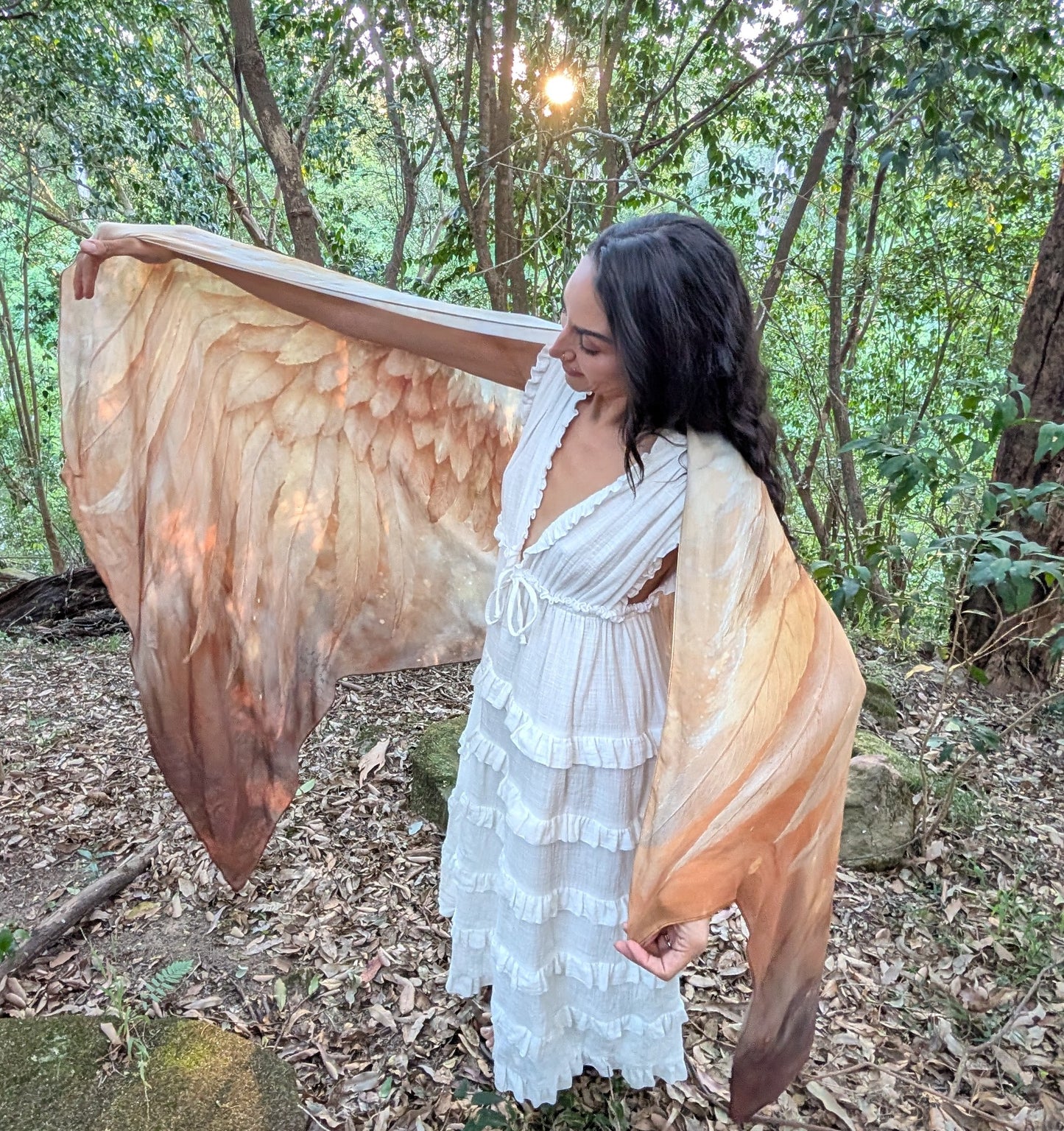 Abundance Shawl draped as a meditation shawl and healing wrap, soft natural fabric for yoga, ceremony and spiritual practice