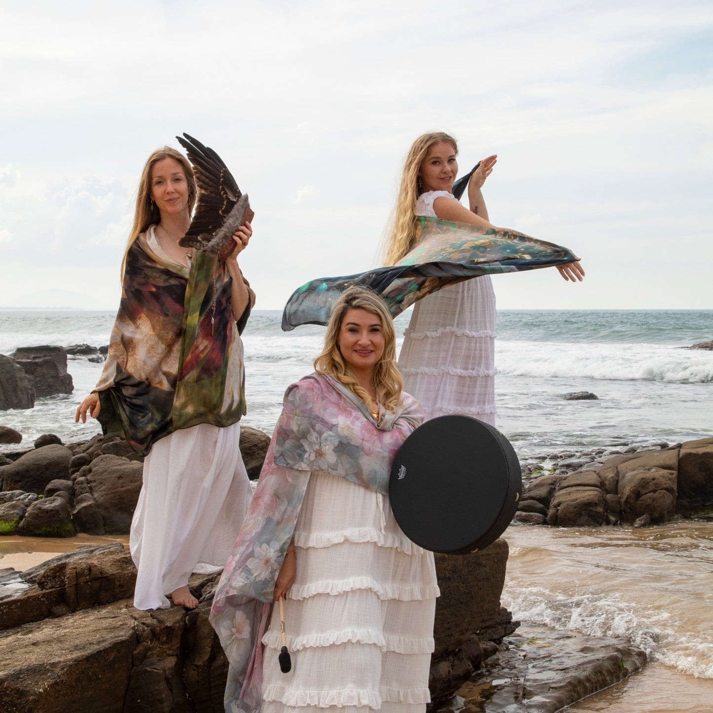 Grounded Presence Shawl by Original Molecule Shawls featuring angel wings, white lotus artwork and oversized meditation shawl design