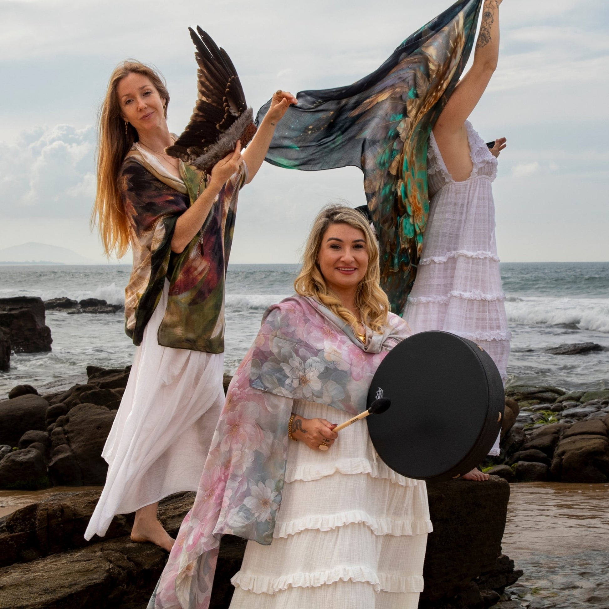 Woman wearing the Hormone Balancing Shawl as bohemian festival wear and spiritual clothing