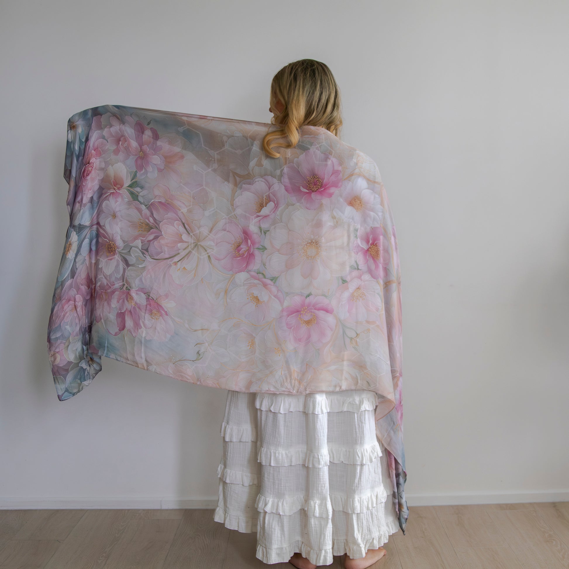Floral hormone balancing healing shawl with feminine botanical design by Original Molecule Shawls