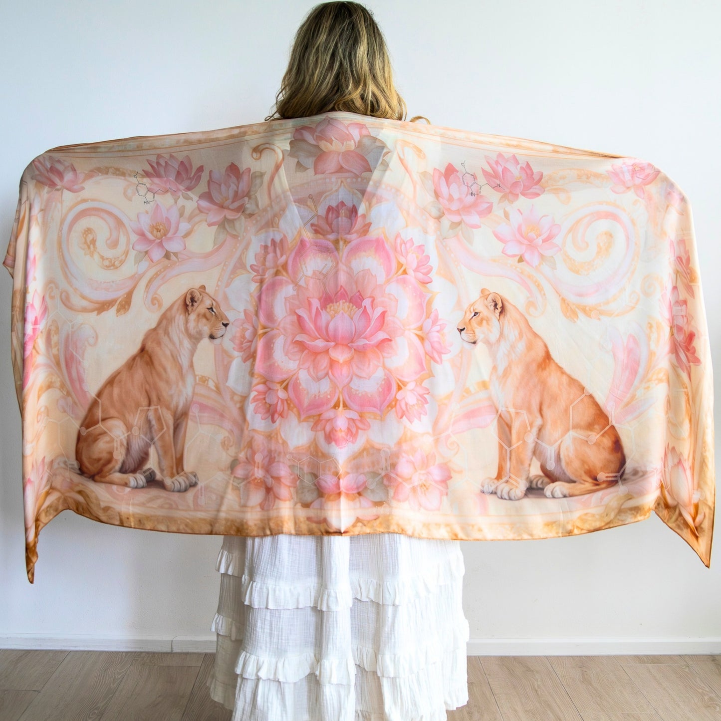 Powerful Expression Shawl by Original Molecule Shawls featuring lioness artwork, designed as a healing shawl for confidence, self expression and personal empowerment