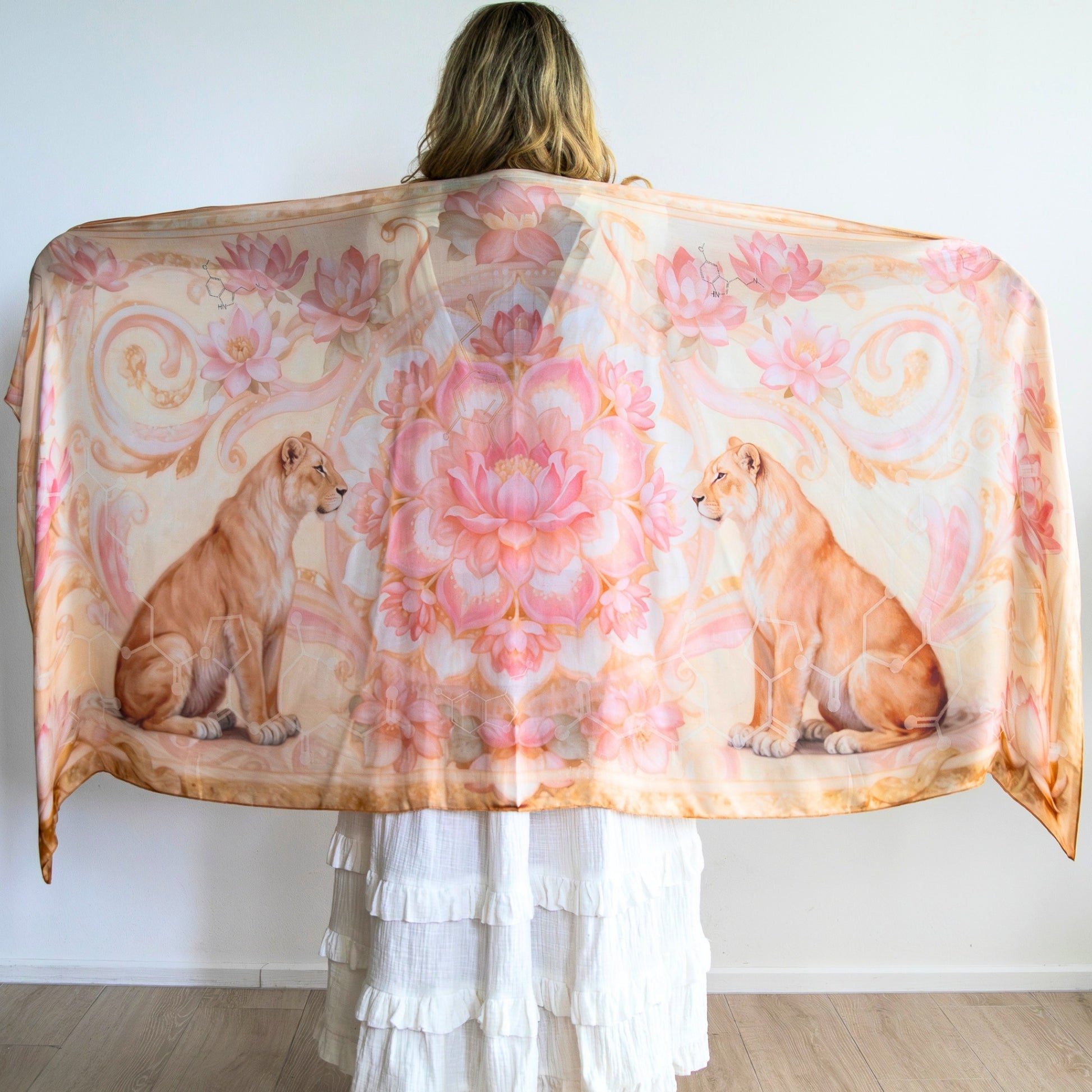 Powerful Expression Shawl by Original Molecule Shawls featuring lioness artwork, designed as a healing shawl for confidence, self expression and personal empowerment