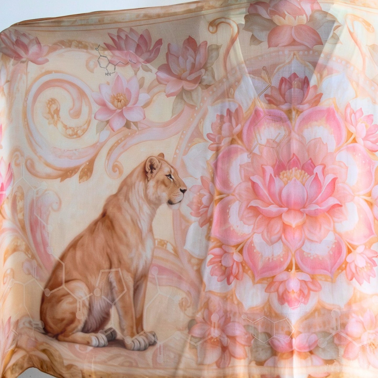 Close up detail of the Powerful Expression Shawl showcasing lioness artwork and luxury bohemian design