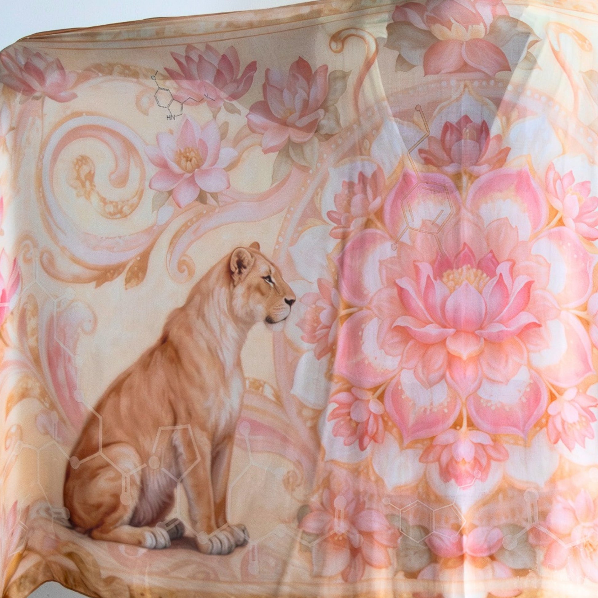 Close up detail of the Powerful Expression Shawl showcasing lioness artwork and luxury bohemian design