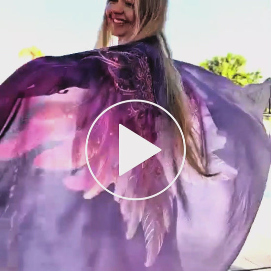 Happiness Shawl purple and pink angel wings vegan silk healing shawl in motion