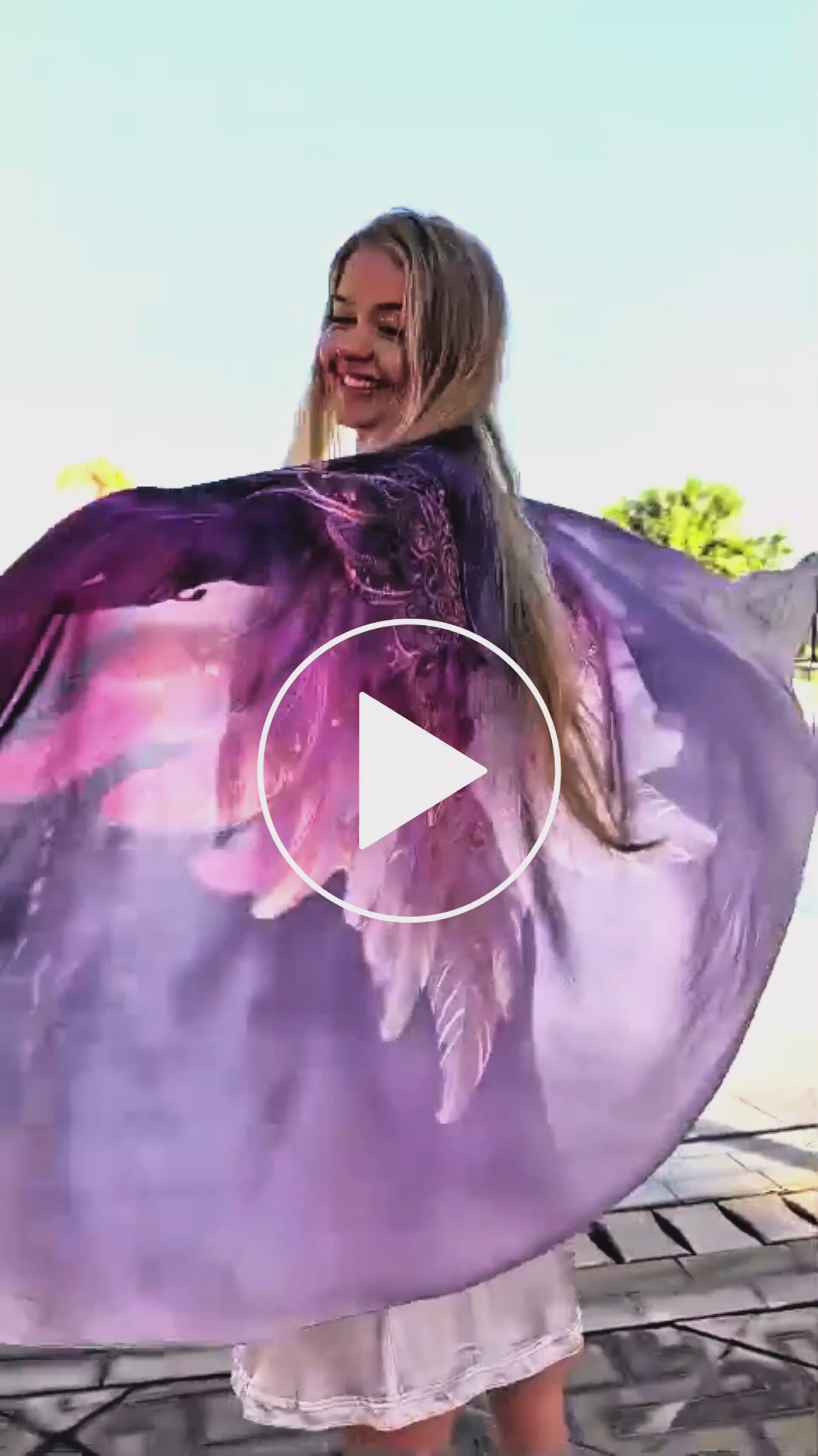 Happiness Shawl purple and pink angel wings vegan silk healing shawl in motion