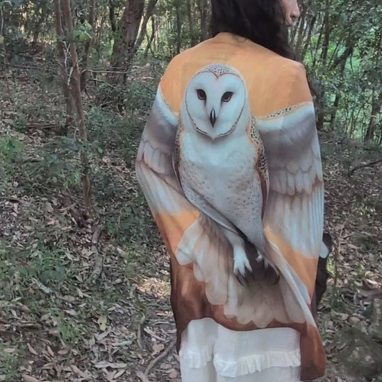 Wisdom Shawl white barn owl spirit animal kaftan vegan silk shamanic ceremonial shawl
