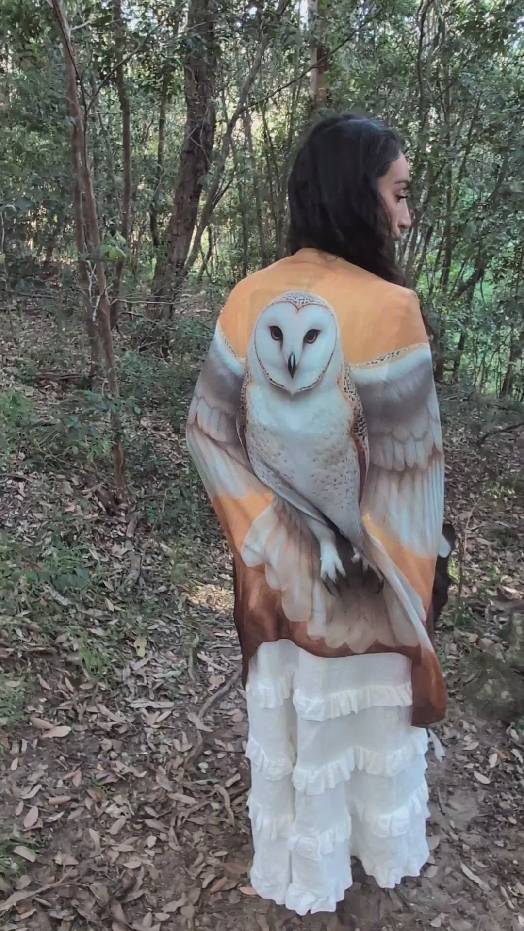 Wisdom Shawl white barn owl spirit animal kaftan vegan silk shamanic ceremonial shawl