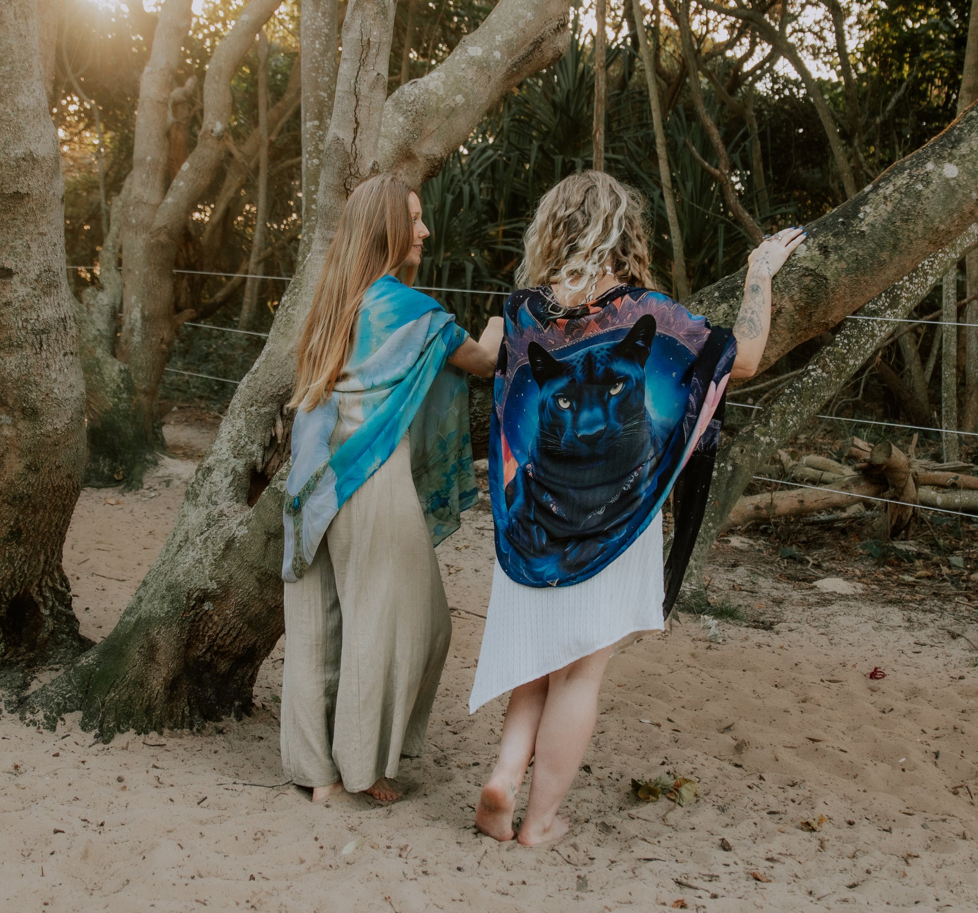 Confidence Shawl styled as a yoga shawl, vegan silk natural fibre clothing with panther mandala print