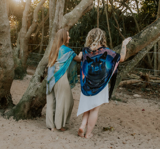 Confidence Shawl styled as a yoga shawl, vegan silk natural fibre clothing with panther mandala print