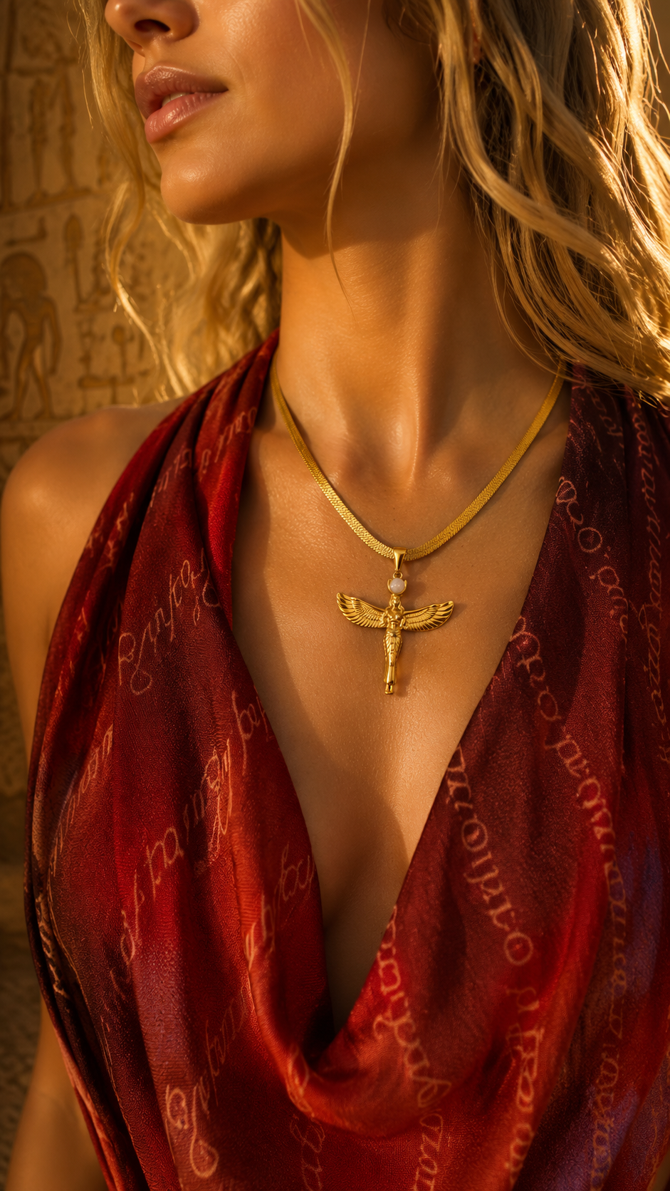 Isis Necklace | Waterproof Gold Egyptian Goddess Pendant with Rose Quartz