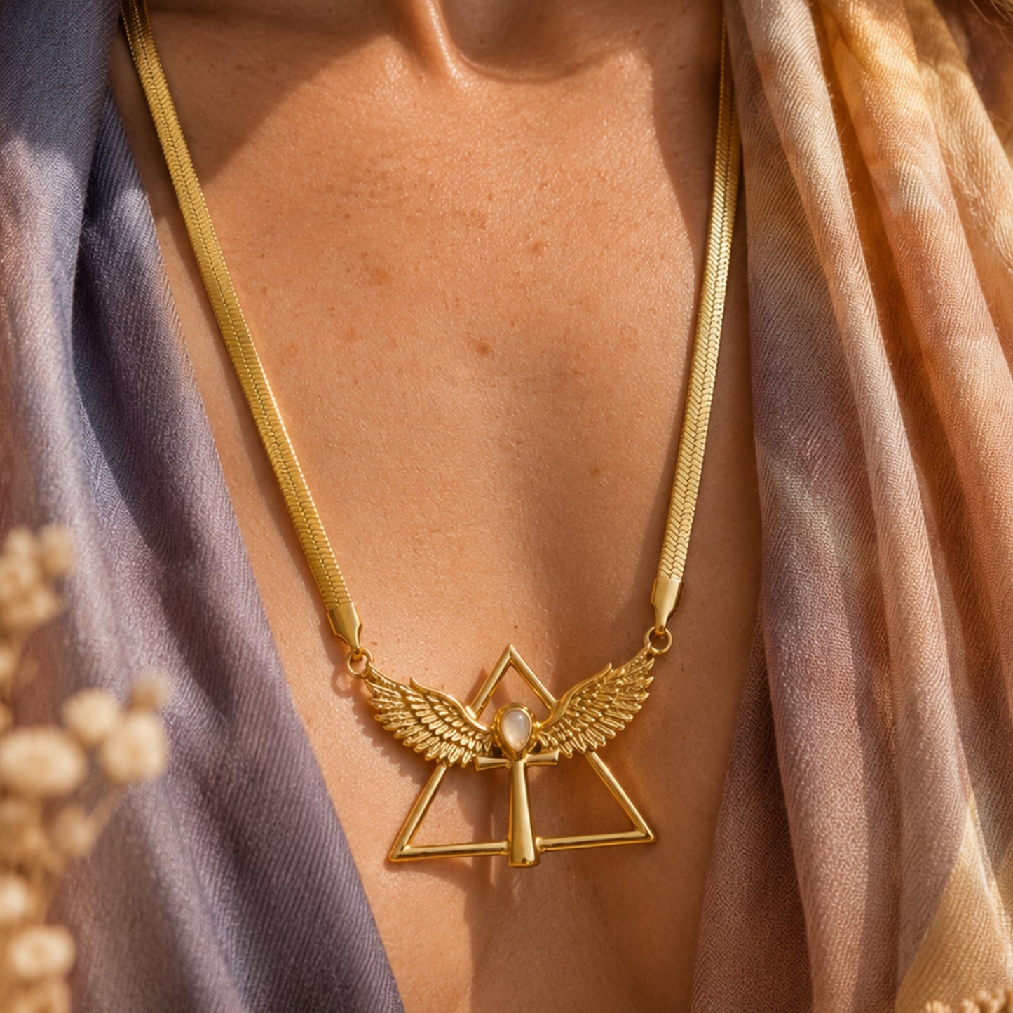 Sacred Remembrance Necklace | Waterproof Gold Ankh Wing Necklace with Rose Quartz