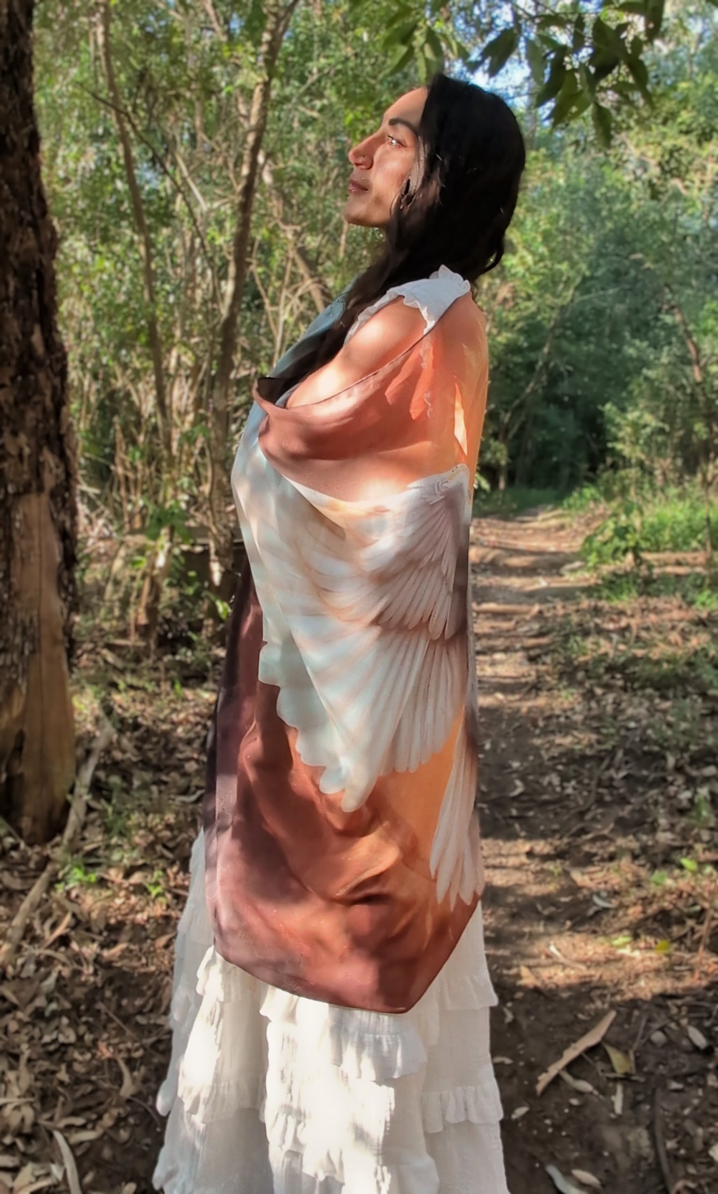 Wisdom Shawl white barn owl spirit animal kaftan vegan silk shamanic ceremonial shawl