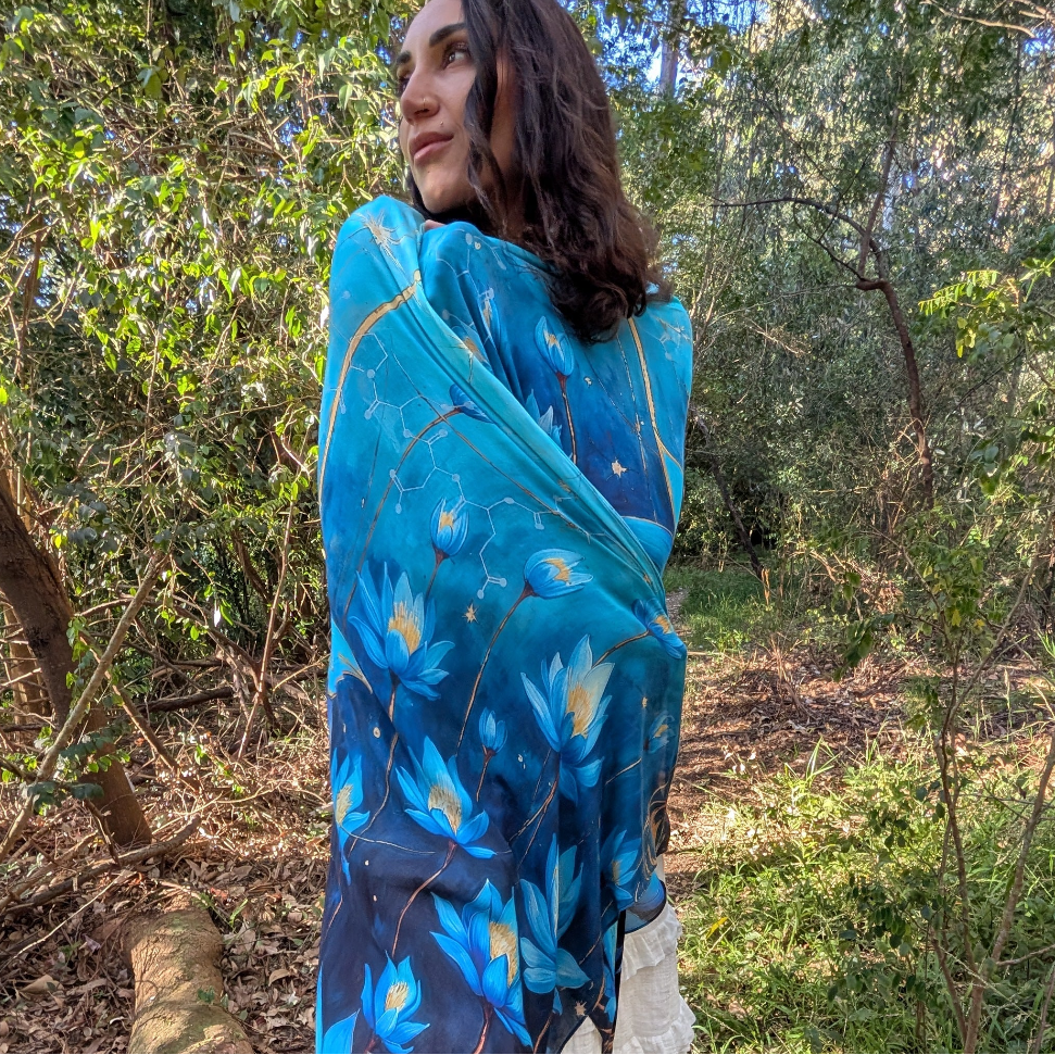 Intuition Shawl blue lotus vegan silk shawl kaftan for spiritual intuition and ceremony