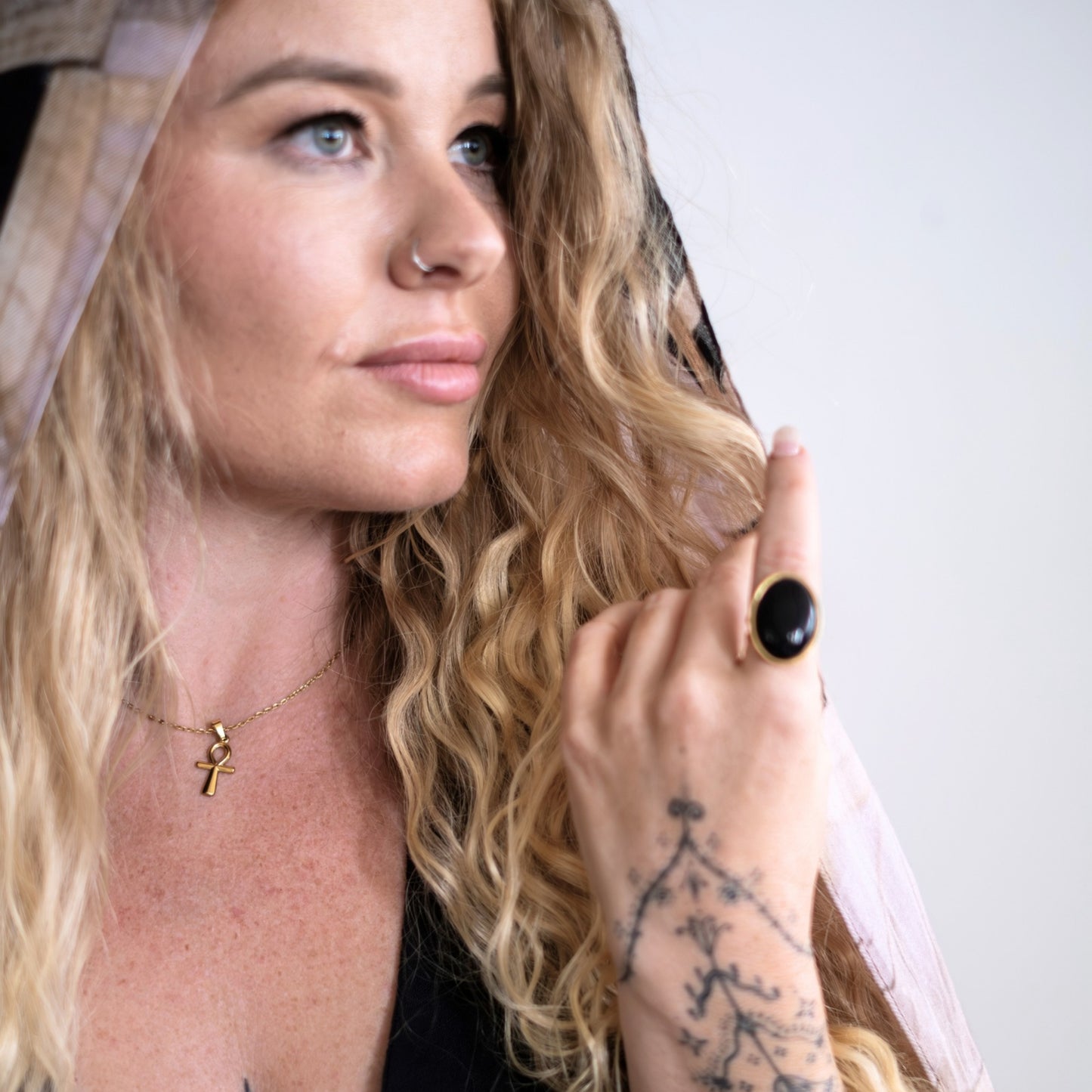 Large Gemstone Ring | Waterproof Gold Adjustable Statement Ring with Natural Gemstones