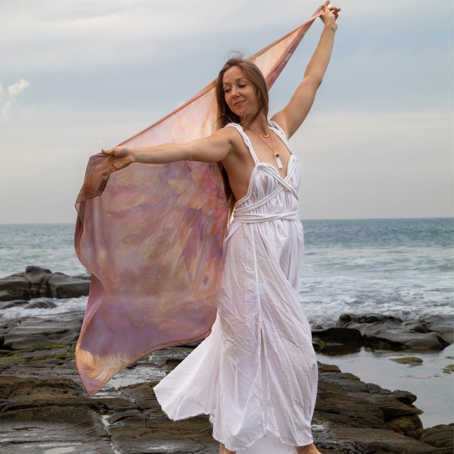 Happiness Shawl | Pink Angel Wings Gold Border Healing Shawl