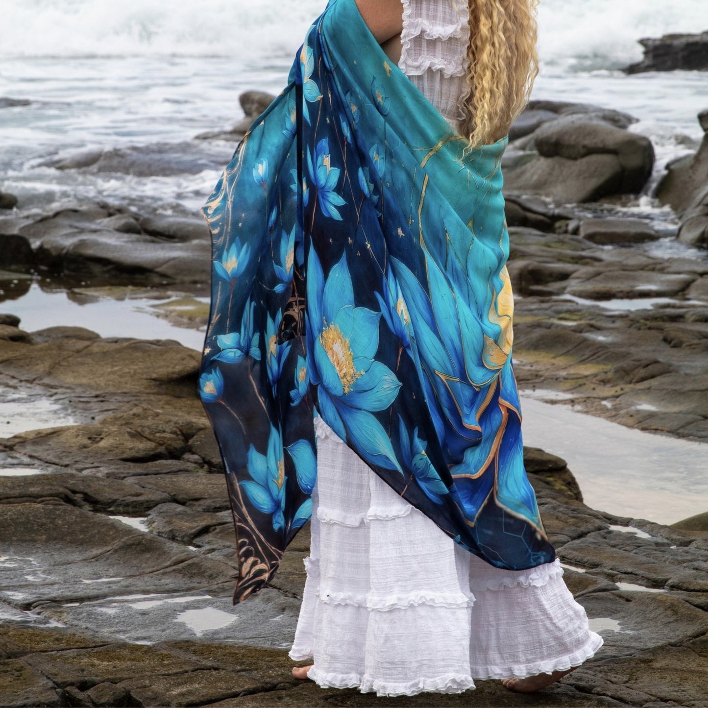 Blue Lotus Intuition Shawl worn as a beach cover up, lightweight natural fibre clothing