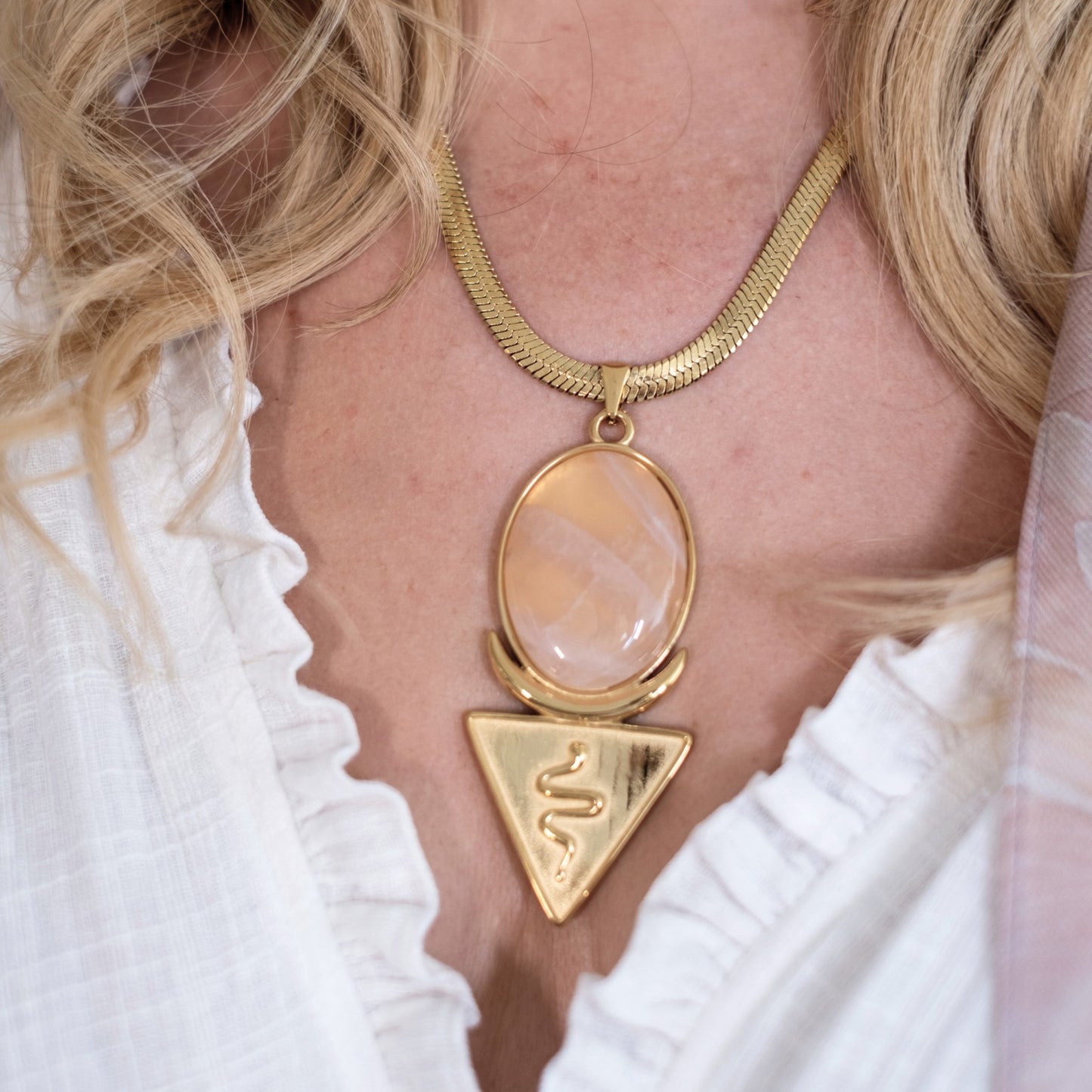 Rose Quartz Snake Crescent Necklace | Spiritual Gold Jewellery
