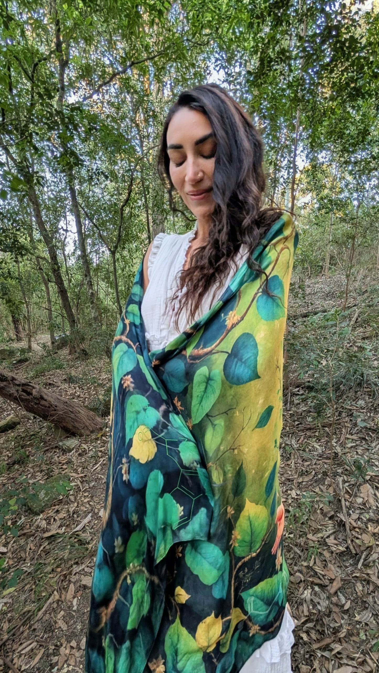 Grounded Presence Shawl with Ayahuasca leaf artwork, a boho kimono style healing shawl