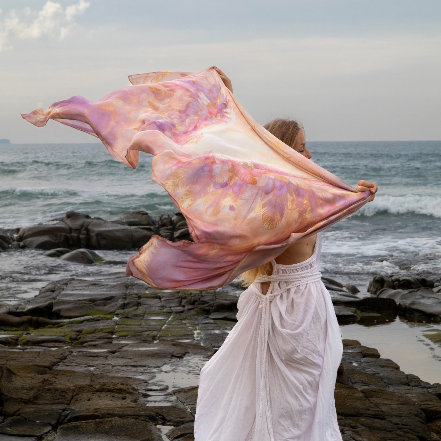 Happiness Shawl | Pink Angel Wings Gold Border Healing Shawl