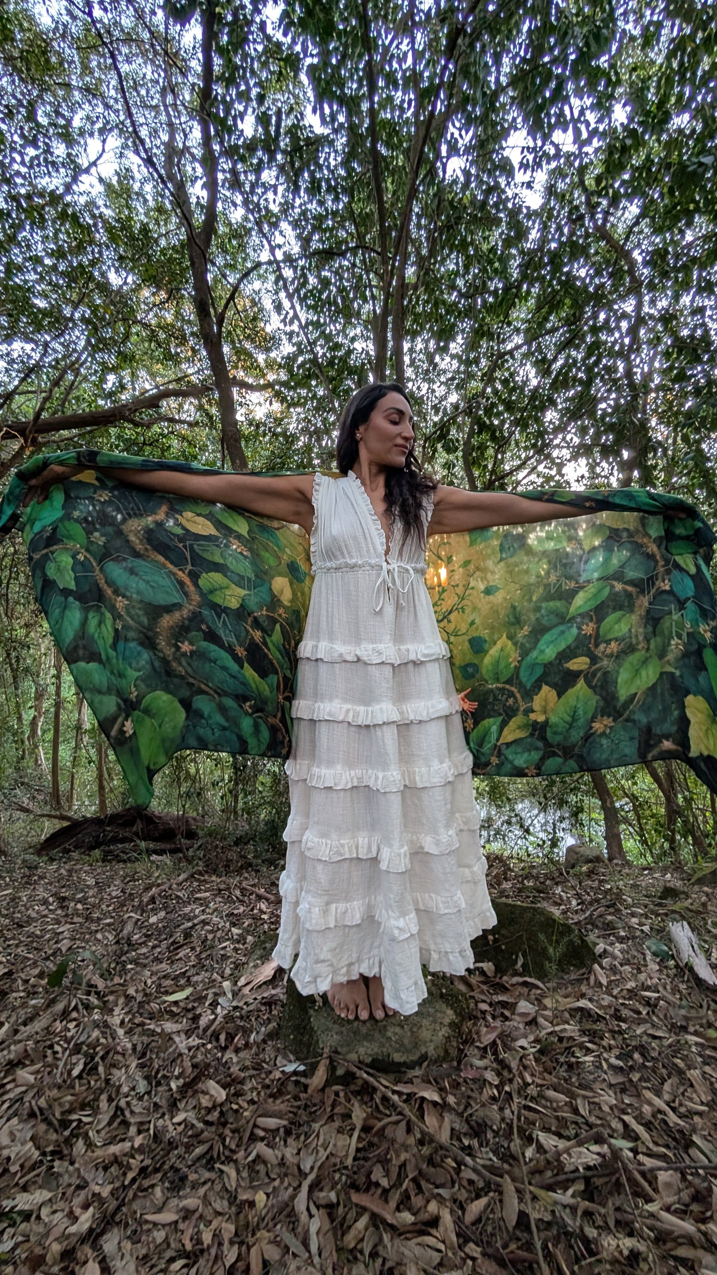 Grounded Presence Shawl styled as a meditation shawl, natural fibre clothing with leaf artwork