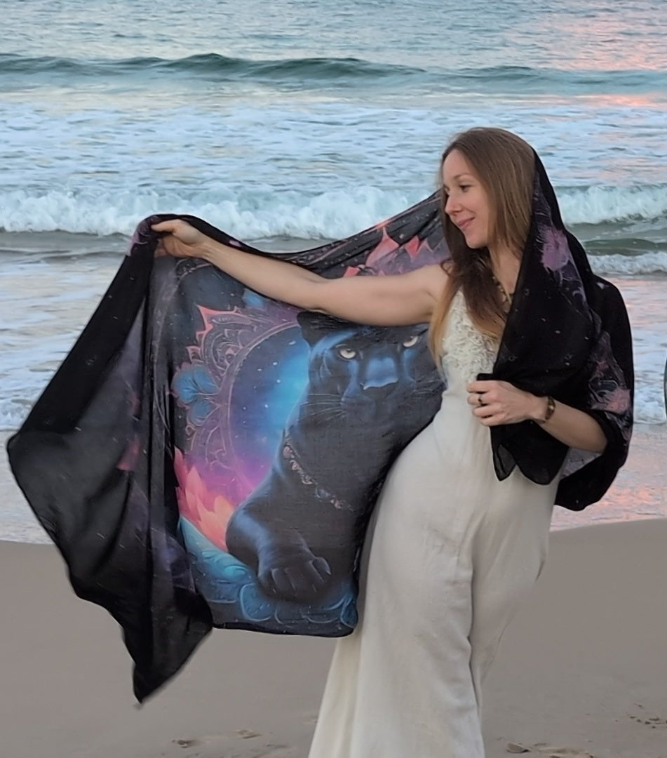 Confidence Shawl draped as a healing shawl and ceremonial wrap, shamanic panther artwork design