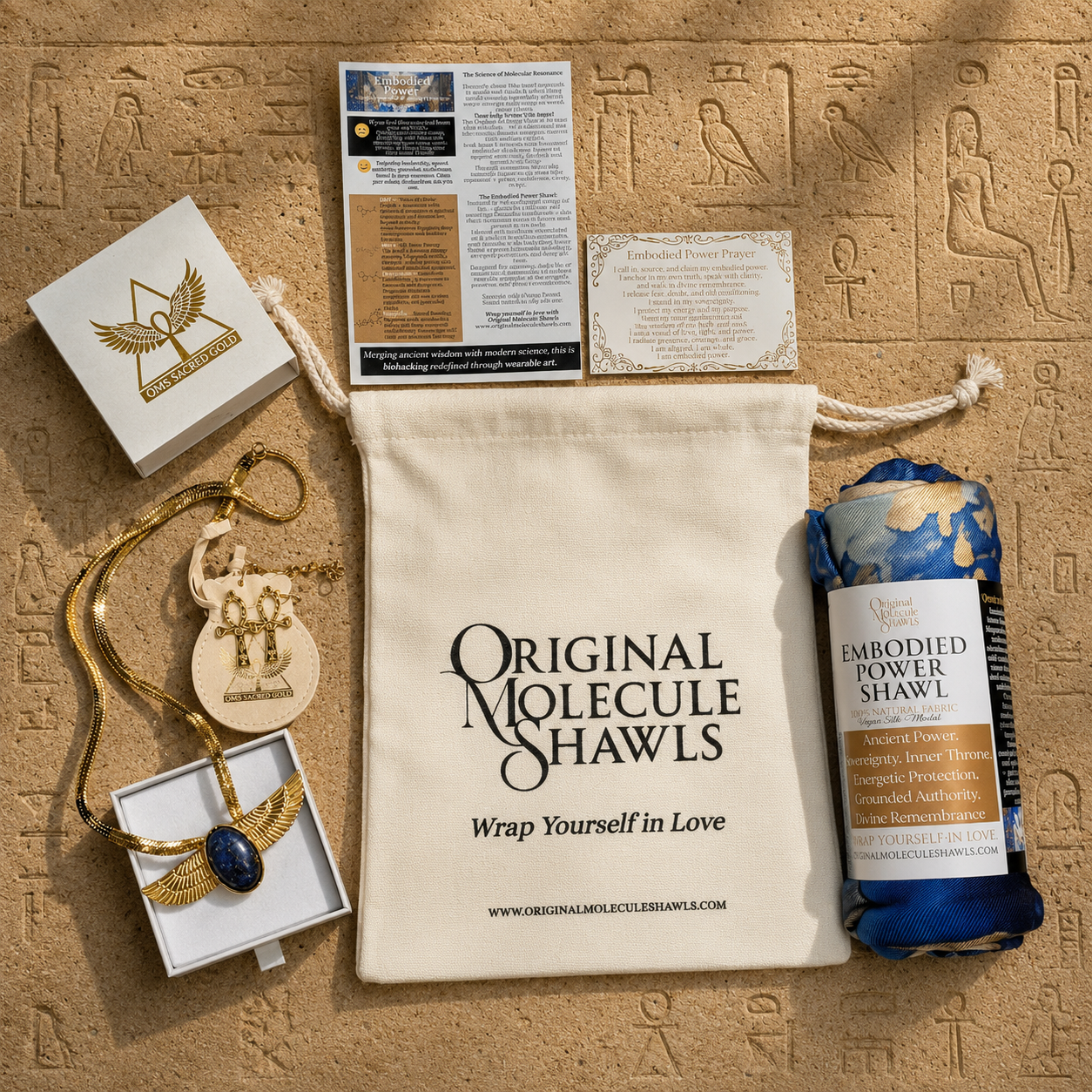 Embodied Power Bundle gift set with Embodied Power Shawl, Lapis Lazuli Isis Wing Necklace and Ankh Earrings