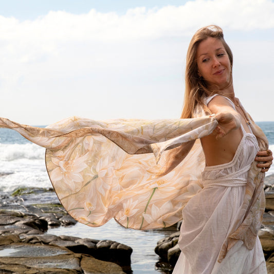 Self-Love Shawl with white lotus artwork, a boho kimono style healing shawl for spiritual clothing
