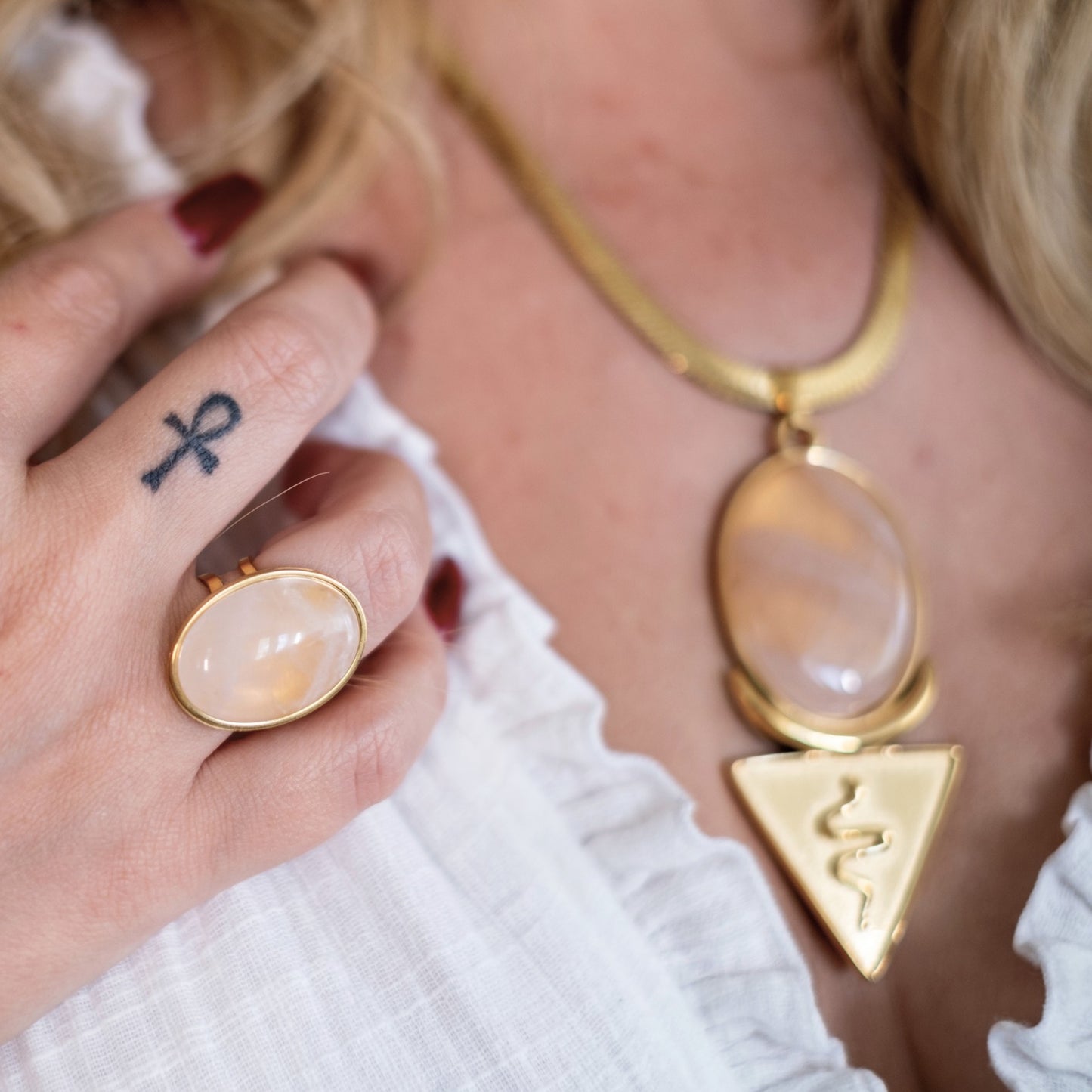 Rose Quartz Snake Crescent Necklace | Spiritual Gold Jewellery