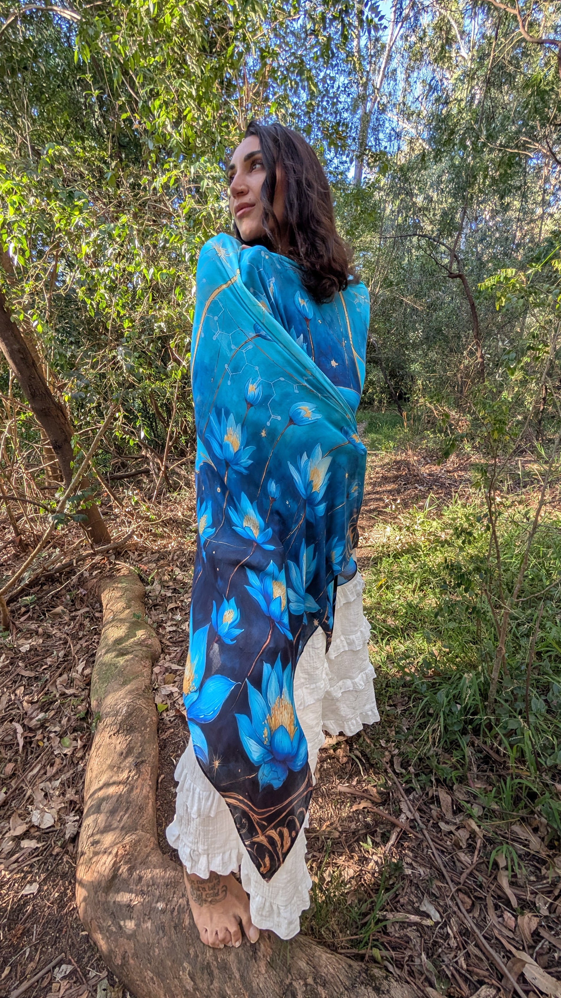 Intuition Shawl blue lotus vegan silk shawl kaftan for spiritual intuition and ceremony