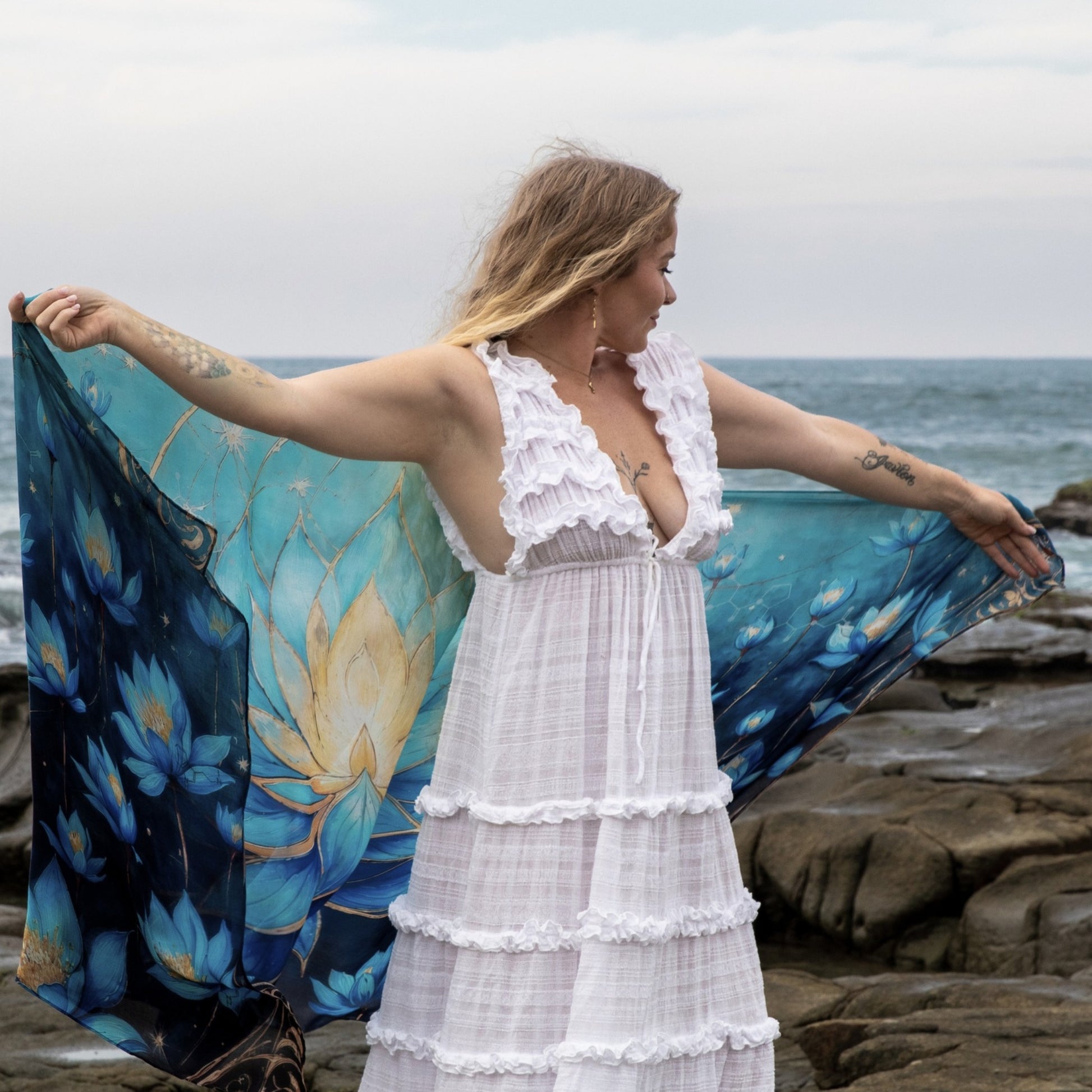 Blue Lotus Intuition Shawl tied as a wrap dress, bohemian clothing with lotus artwork detail