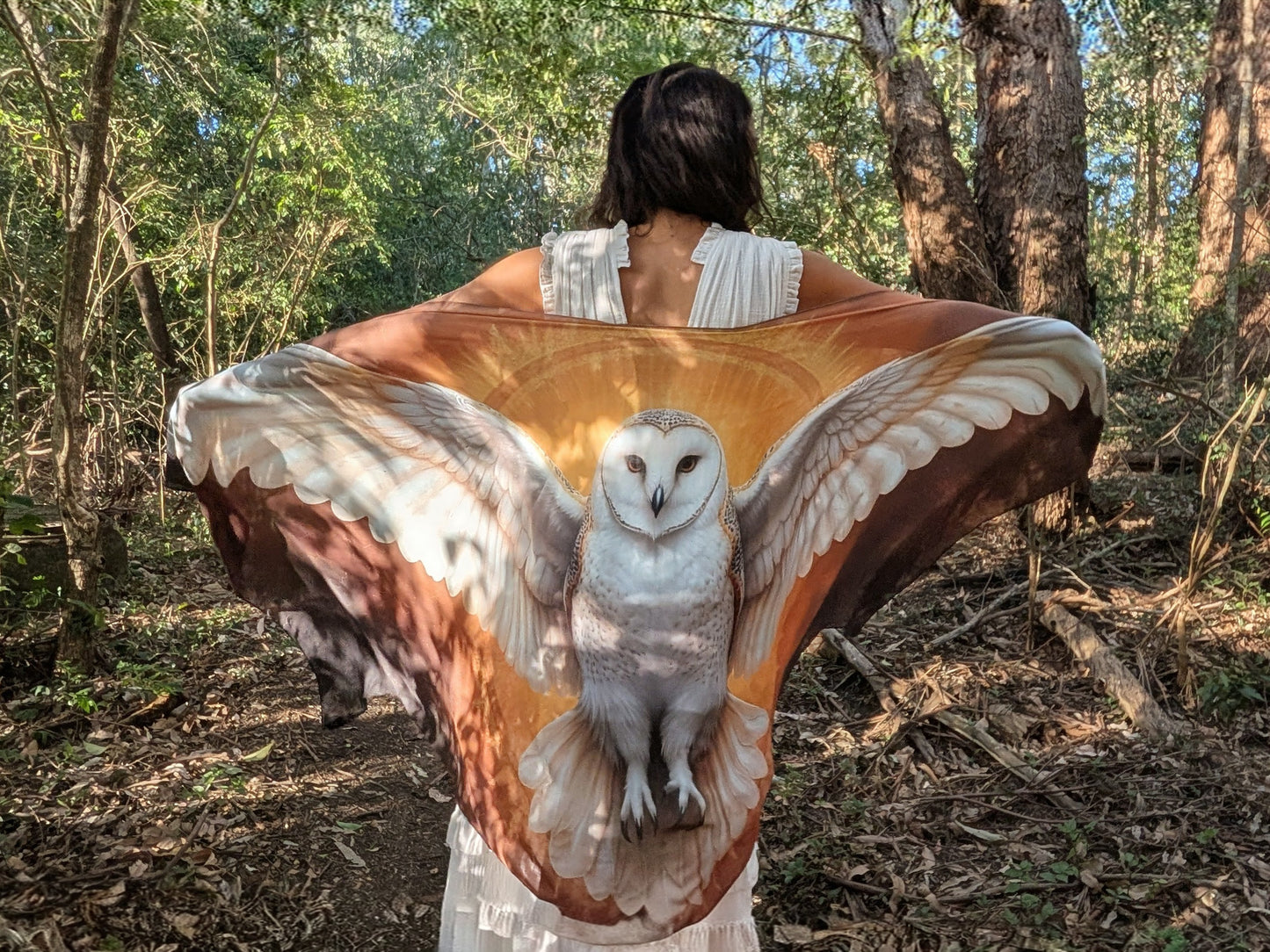 Wisdom Shawl white barn owl spirit animal kaftan vegan silk shamanic ceremonial shawl