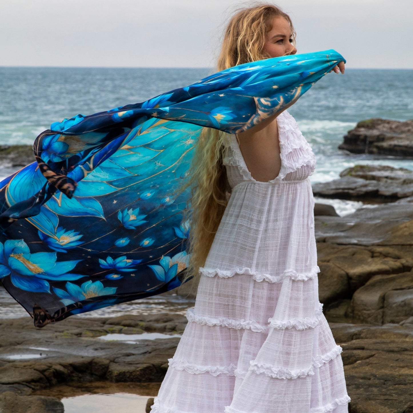 Blue Lotus Intuition Shawl with blue lotus artwork, an oversized boho kimono for spiritual clothing