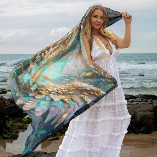 Safety Shawl with angel wing artwork, an oversized boho kimono for spiritual clothing