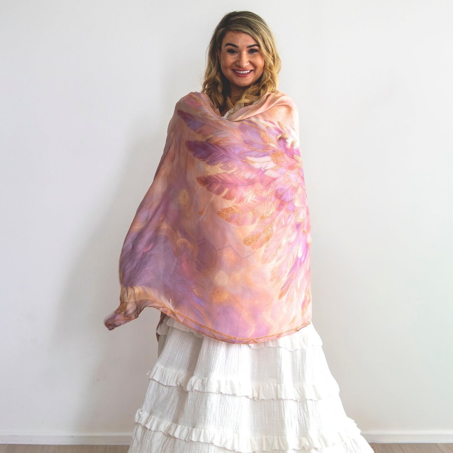 Happiness Shawl | Pink Angel Wings Gold Border Healing Shawl