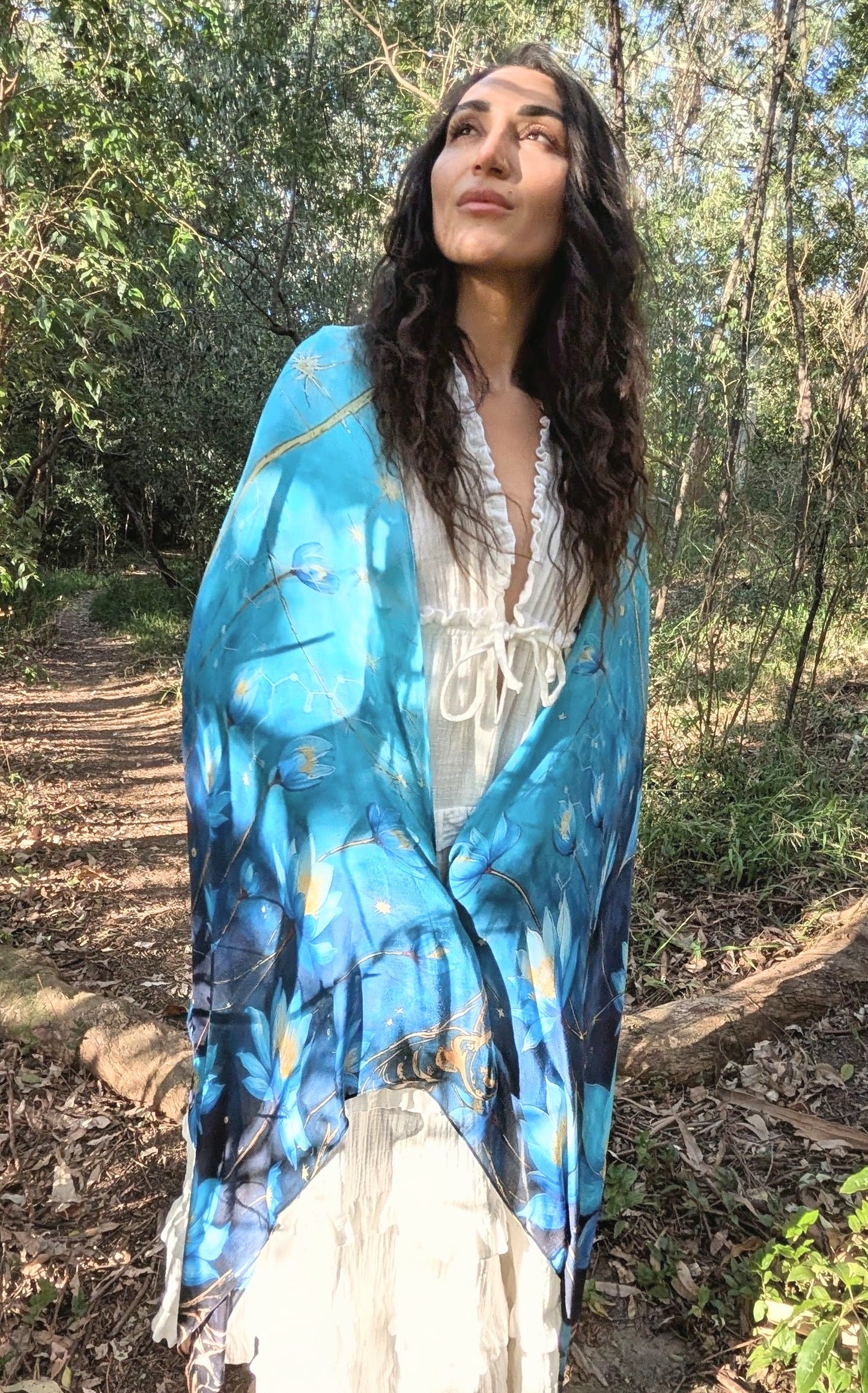 Intuition Shawl blue lotus vegan silk shawl kaftan for spiritual intuition and ceremony
