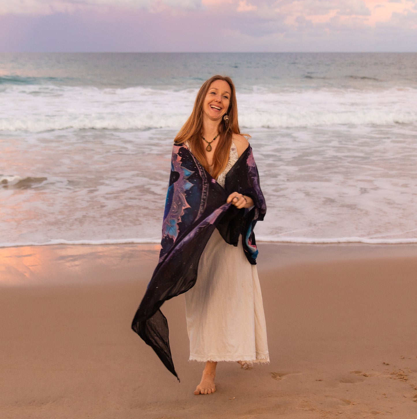 Confidence Shawl styled as a wrap dress, eco fabric bohemian fashion with panther print