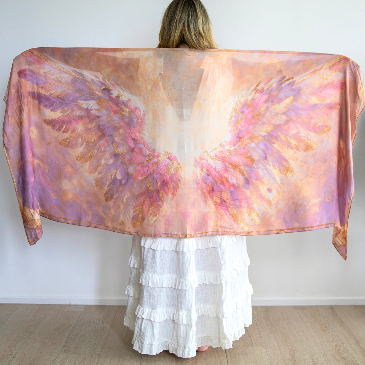 Happiness Shawl | Pink Angel Wings Gold Border Healing Shawl