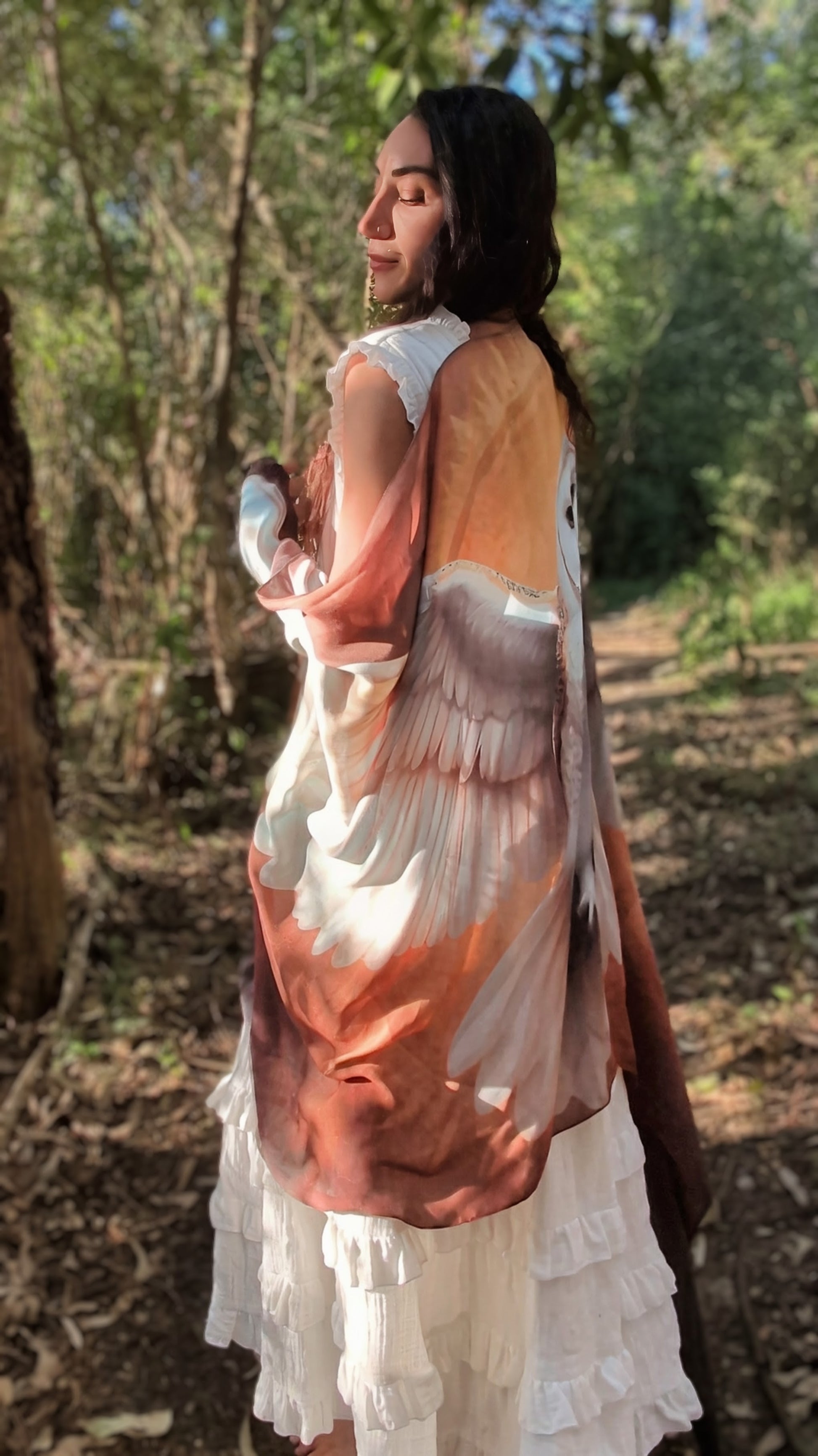 Wisdom Shawl white barn owl spirit animal kaftan vegan silk shamanic ceremonial shawl