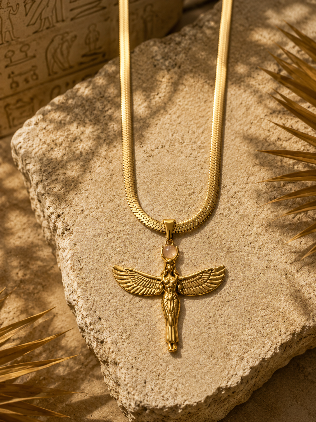 Isis Necklace | Waterproof Gold Egyptian Goddess Pendant with Rose Quartz