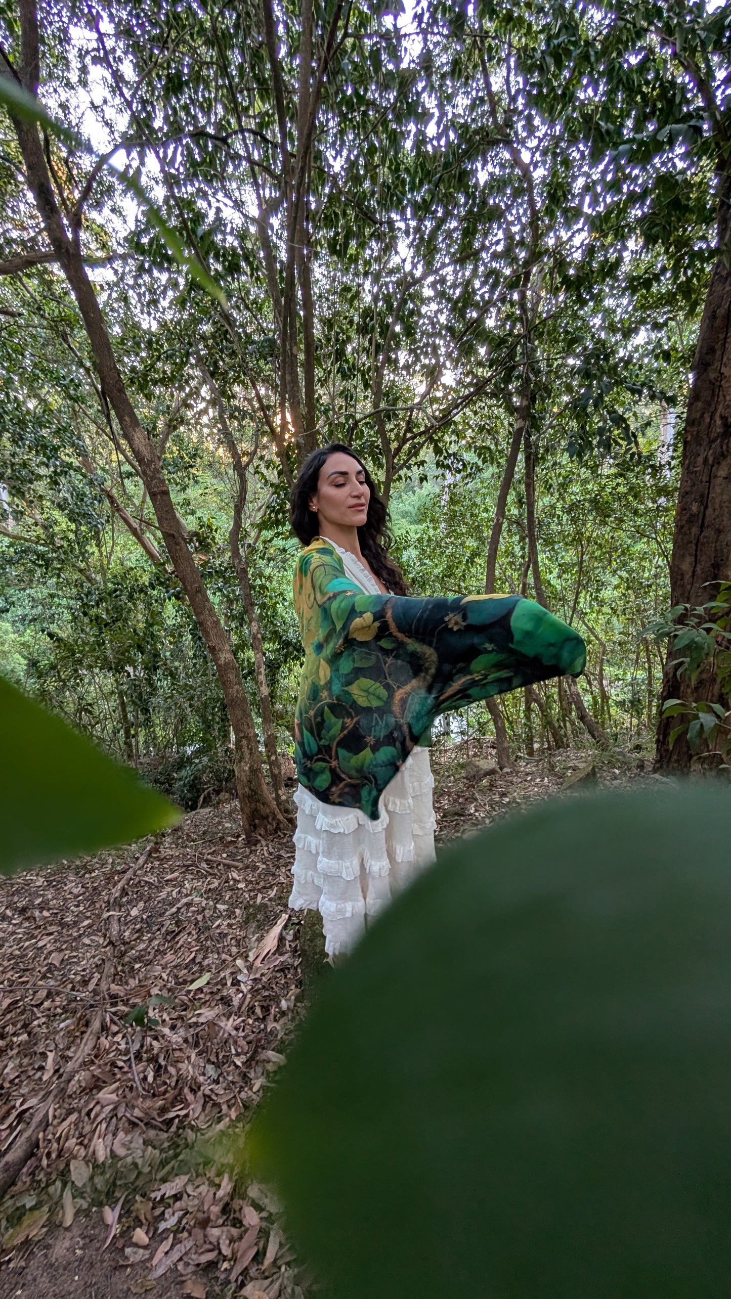 Grounded Presence Shawl draped as a yoga shawl and ceremonial wrap, earthy leaf design for spiritual practice