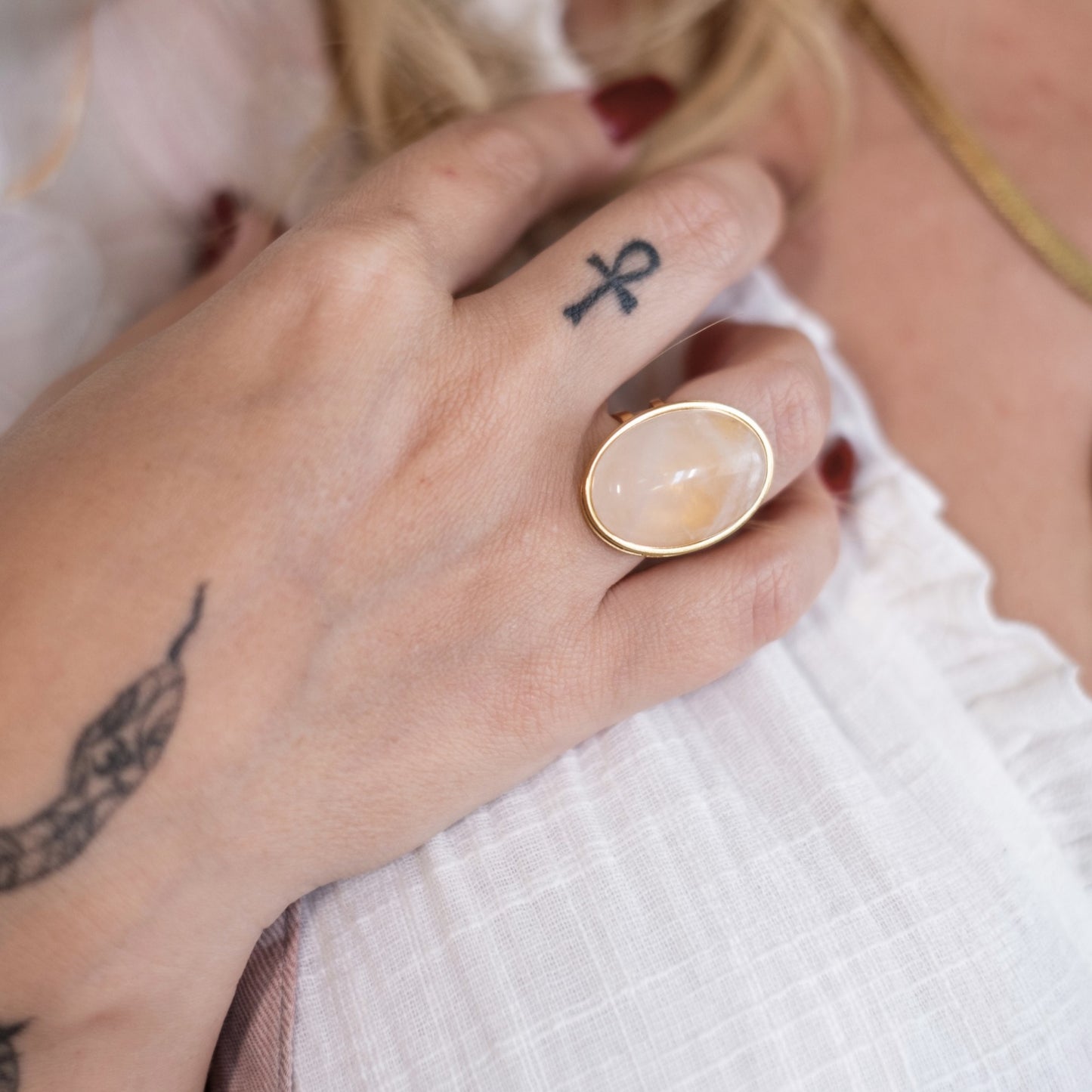 Large Gemstone Ring | Waterproof Gold Adjustable Statement Ring with Natural Gemstones